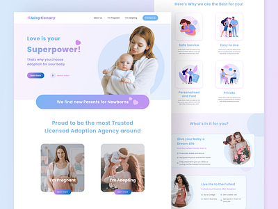 Adoptionary Website design adoption baby blue branding females illustration landing page pink purple ui user friendly ux website design womens