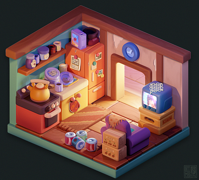 home 2d 3d cozy game art home illustration isometric kitchen studio