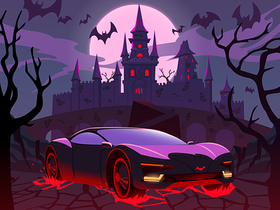 Dracula Drive AI 2d art car cartoon castle colorful dracula drawing flat gradient halloween illustration lineart night scary spooky vampire vector