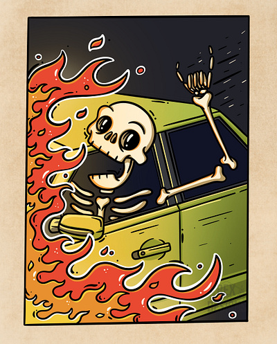 Into Flames art car character design draw driving fire flames graphic graphic design illustration motor skeleton skull vehicle