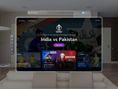Spatial UI for Sports Streaming Platform 3d animation cricket glass interaction design spatial ui sports sports ui streaming streaming ui ui ui animation user experience user interface ux vr