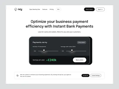 ivy - instant bank payments about banking benefits business button card cookies cta ecommerce flow footer input navigation payment pricing slider tab wallet web webdesign