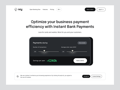 ivy - instant bank payments about banking benefits business button card cookies cta ecommerce flow footer input navigation payment pricing slider tab wallet web webdesign