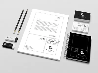 Elevate [Logo_Design + Branding] architect logo art direction black and white branding charte graphique corporate identity design elevate golden ratio graphic design graphiste freelance identité visuelle interior design logo logo minimalist mockup staircase staircase logo stationaries