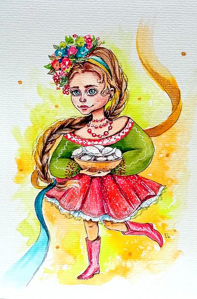 Original watercolor painting, Cartoon style Ukrainian woman art girl illustration paint painting patriotic art style ukraine woman