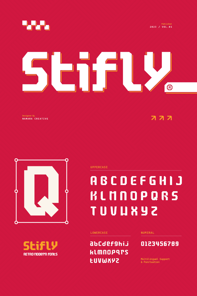 Stifly - FREE Modern Futuristic Display ads block branding display font download fonts free free download free font freebies futuristic jersey logo marketing modern pixel pixel font pixelated sport unique