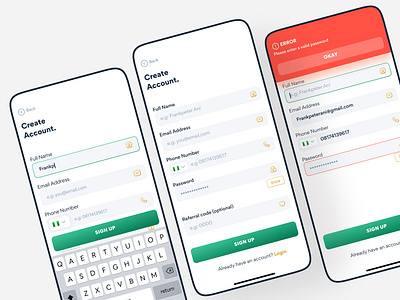 Rodicash - Mobile App Design (Create Account States) active states authentication cash app create account error states form hide password login receive send sign up form ui withdraw