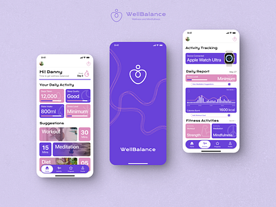 WellBalance - Wellness and Mindfulness App Interface activity app app interface branding design interface logo tracker ui uiux uiux design user interface wellness