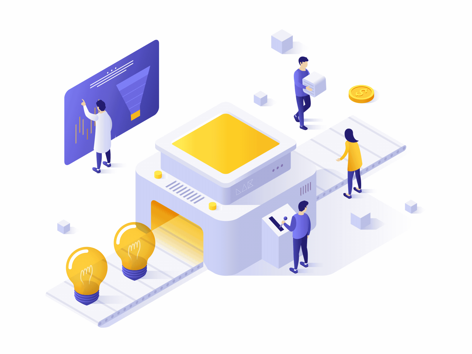 Creation of New Ideas 2d animated animation character data hero ideas illustration learning light bulb machine motion graphics social media