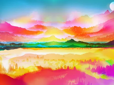 Colourful Landscape cliff forest illustration mountains rocky valley