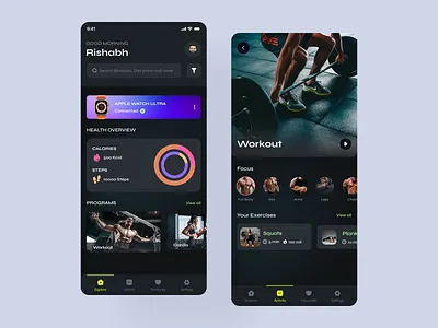 Fitness App UI | Rish Designs app design best dark ui dailyui dark mobile app ui dark mode ui dark theme ui dark ui design figma fitness fitness app ui design india mobile ui rish designs trending ui ui design ui design freelancer ui design trend ux