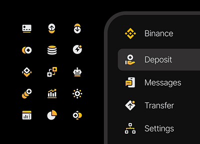 Binance Icons ai app binance branding card chart crypto deposit design icon designer icon set iconography icons illustration ios messages simple transfer ui ux