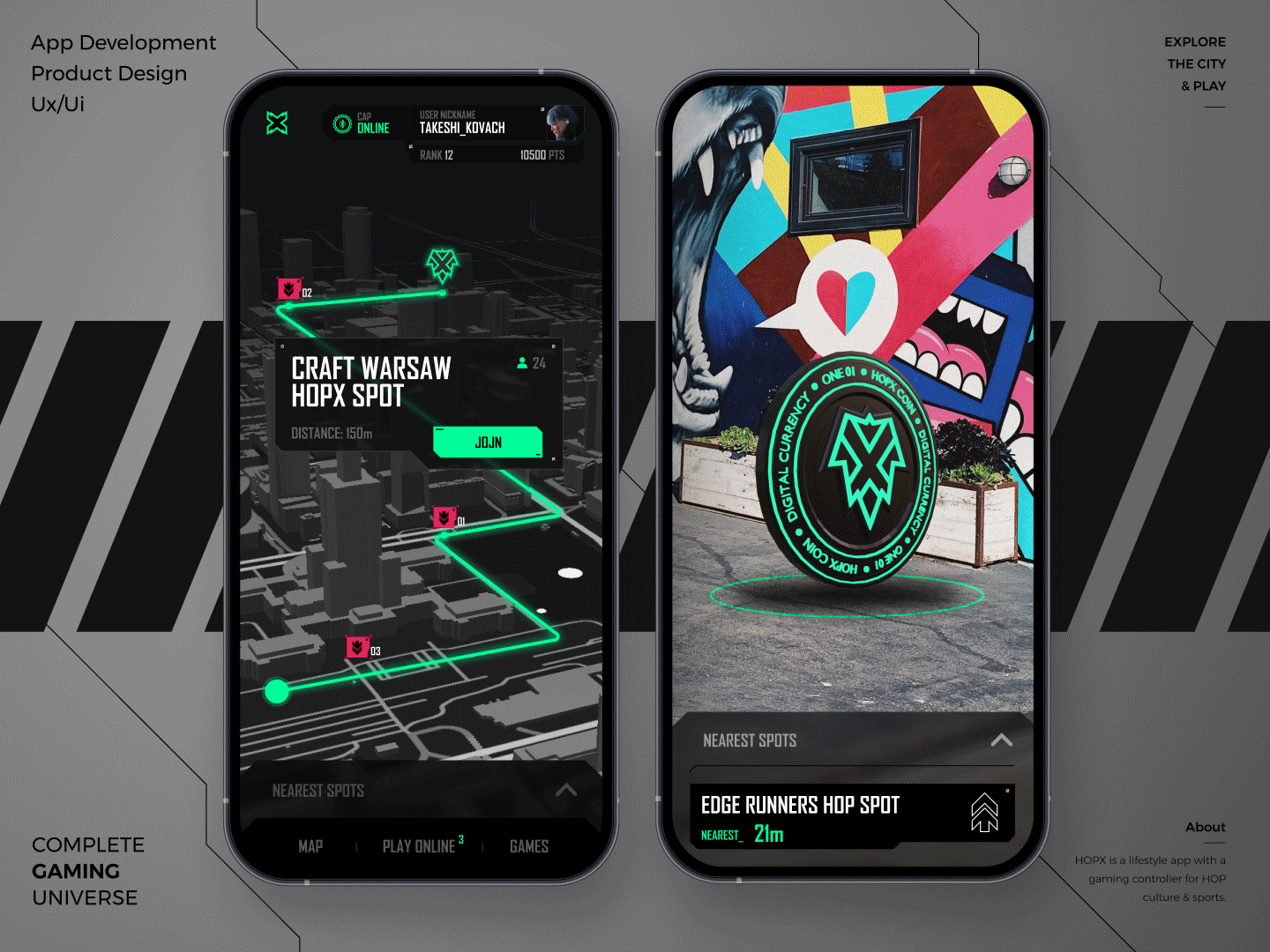 HopX Cap 3d ar branding cyberpunk game graphic design logo map mobile mockup product design ui ux