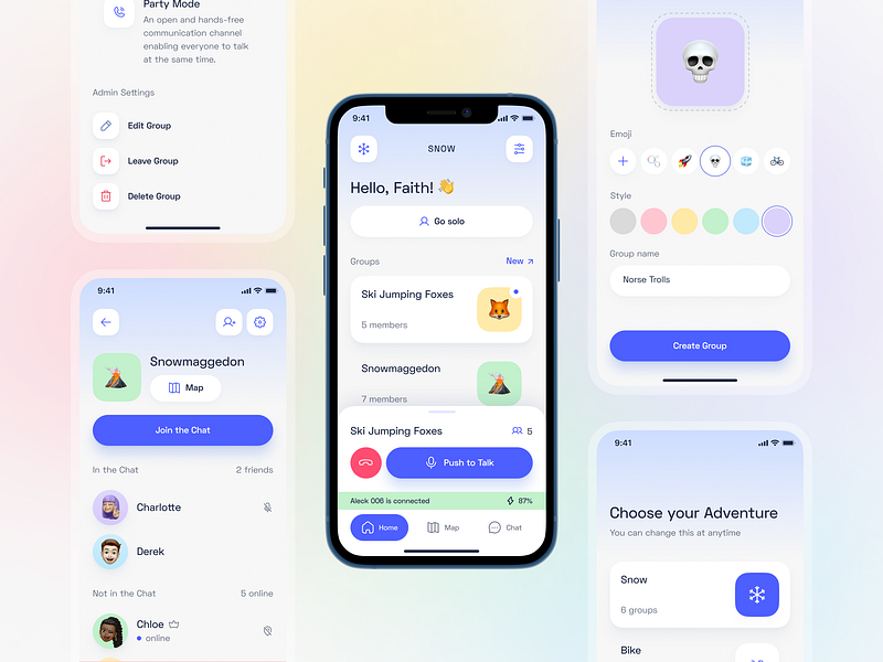 Aleck App: Helmet Audio & Comms. Part I audio chat colorful communication companion app connection connectivity customization fun helmet iot location sharing mobile outdoors pairing push to talk settings snowsports sport vibrant