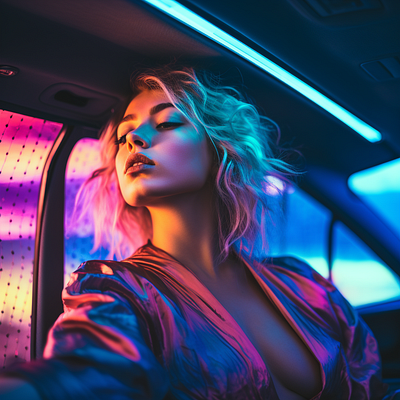 Synthwave blonde woman in a car app light lightroom midjourney photoshop