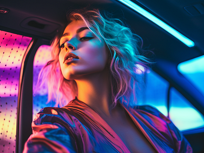 Synthwave blonde woman in a car app light lightroom midjourney photoshop