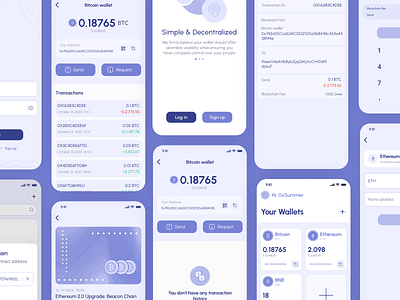 Mobile wallet app - store, send, and receive cryptocurrencies app blockchain clean crypto design ethereum light light theme lite mobile purple ui ux wallet