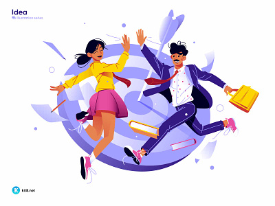 Colleagues jumping and giving high five - vector illustration character flat goal high five illustration jump kit8 man office success two vector woman worl
