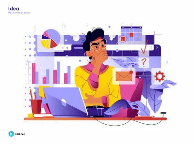 Overworked man lost in thoughts - vector illustration brainstorme character flat illustration kit8 mail man notification office one statistics think thoughts vector work