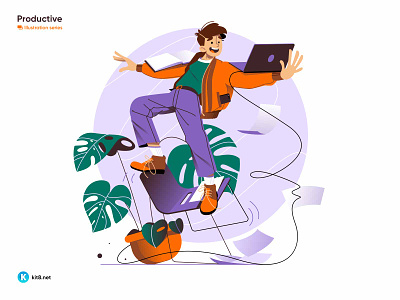 Man balancing on chair with laptop - vector illustration balance chair character flat graphics illustration kit8 laptop man plant vector work