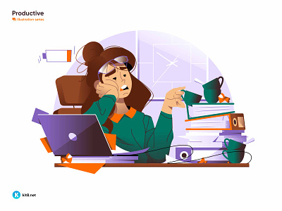 Tired woman sitting at workplace - vector illustration books character coffee flat graphics illustration kit8 late office tired vector woman work