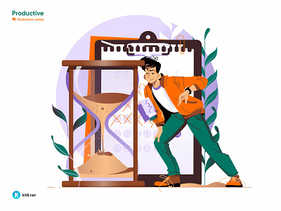 Timetracking, man looking at big hourglass - vector illustration character clock flat hourglass illustration kit8 man task timetracking timline vector watch