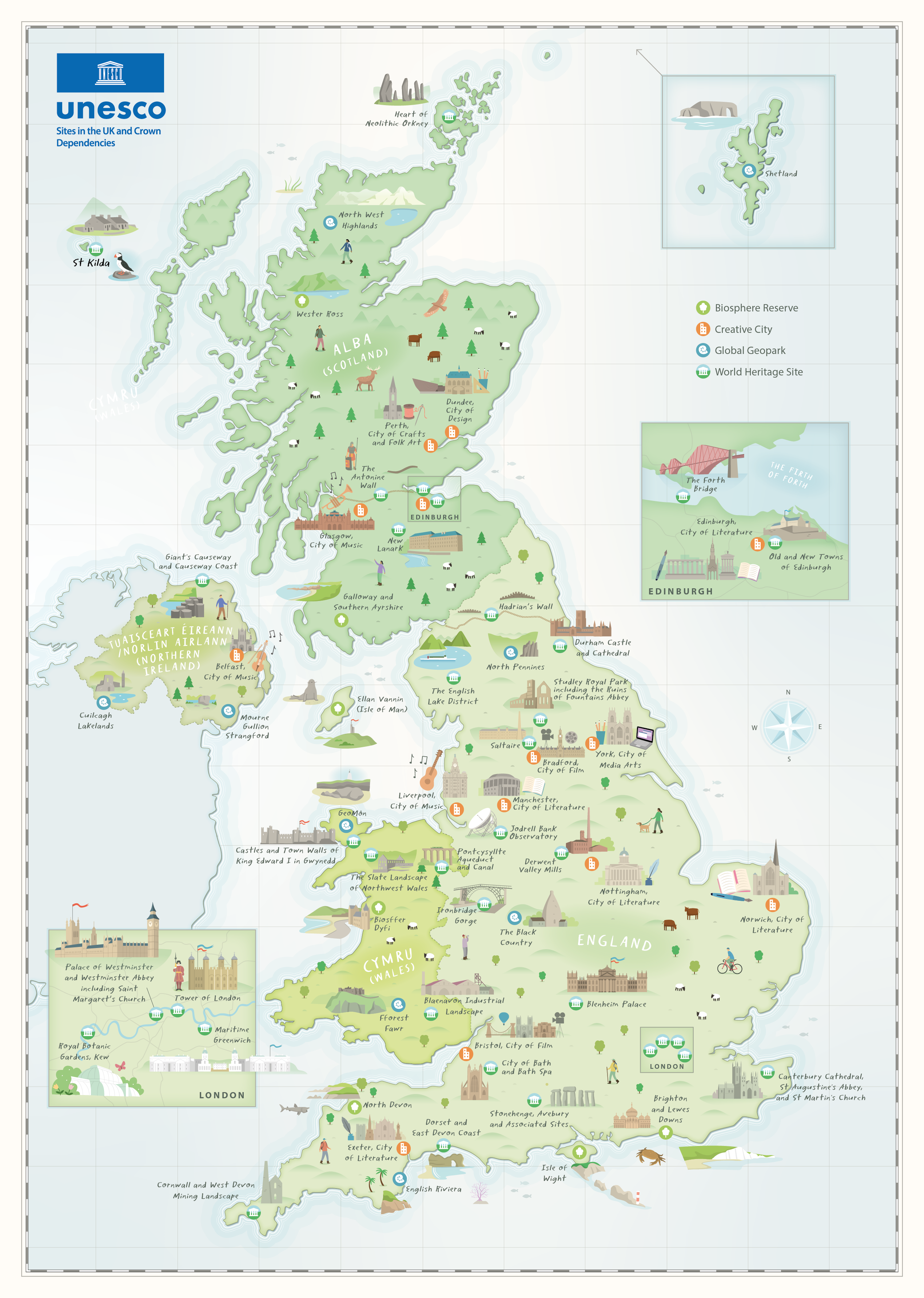 Illustrated map of the UK for UNESCO british england history illustrated map illustrated maps illustration map nature northern ireland scotland tourism uk unesco united kingdom vector wales