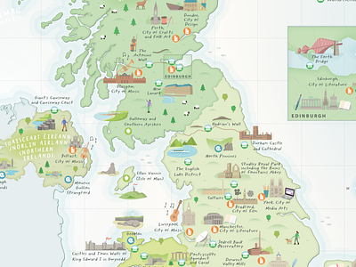 Illustrated map of the UK for UNESCO british england history illustrated map illustrated maps illustration map nature northern ireland scotland tourism uk unesco united kingdom vector wales