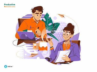 Two colleagues deep in conversation - vector ilustration character collegues communicate descuss flat graphics illustration kit8 man office plant talk vector woman work