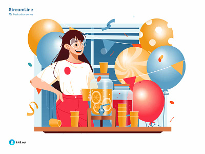 Girl at corporate party nearby table with drinks - Ilustration baloons character corporate drinks flat illustration kit8 party vector woman