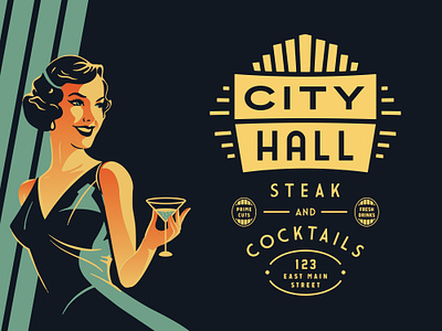 City Hall - Steak and Cocktails art deco brand identity branding city hall gro growcase identity illustration logo logo design logotype neon restaurant steak and cocktails