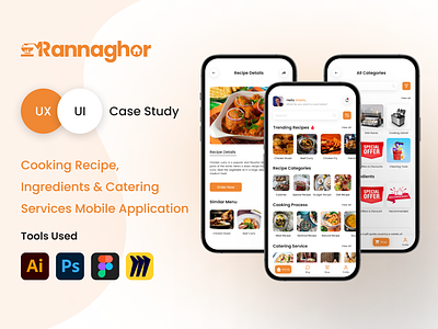 Cooking Recipe, Ingredients, and Catering Service App. android app brand identity cooking guide app cooking ingredients cooking tips app dashboard design figma app figma prototype homepage illustration ios app kitchenware app mobile app design recipe app recipe mobile app saas sus ui design uiux case study wireframe design