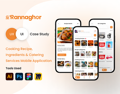 Cooking Recipe, Ingredients, and Catering Service App. android app brand identity cooking guide app cooking ingredients cooking tips app dashboard design figma app figma prototype homepage illustration ios app kitchenware app mobile app design recipe app recipe mobile app saas sus ui design uiux case study wireframe design