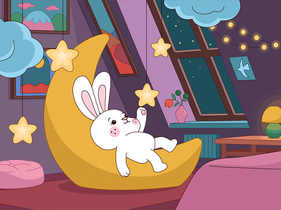 Illustrations for YouTube kids channel 2d animal animation bunny child clouds flat illustration moon night pictures room simple star