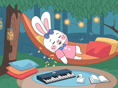 Illustrations for YouTube kids channel 2d animal animation book bunny flat forest hammok illustration lights objects piano pillows song story swan wood