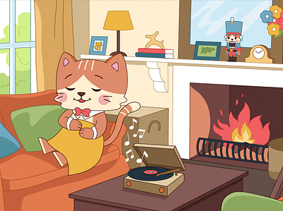Illustrations for YouTube kids channel 2d animal animation cat fire flat illustration music room simple story