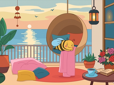 Illustrations for YouTube kids channel 2d animation balcony bee cartoon character flat illustration plant sea simple sleep story