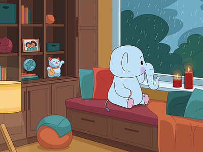 Illustrations for YouTube kids channel 2d animation cartoon cat character child elephant flat illustration kids light rain room simple