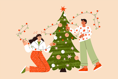 Christmas tree decoration branding cards christmas design flat illustration people ui vector
