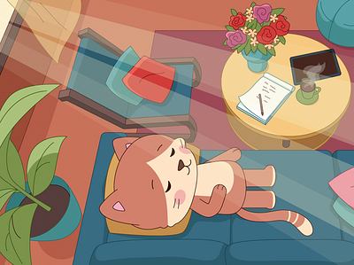 Illustrations for YouTube kids channel 2d animal animation cartoon cat character colorful flat illustration light room sleep sofa