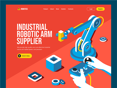 Industrial Robotic Arm Landing Page Illustration automation controller factory hero homepage illustration industrial industry isometric landing page machine robot robotarm vector website