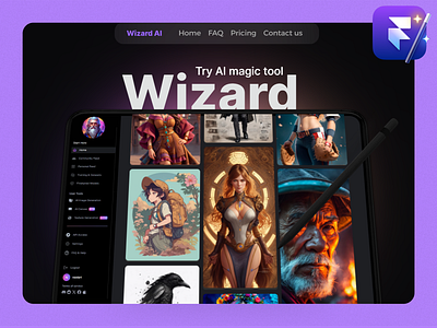 Wizard Framer template, launch interactive AI platform.. ai app landing page ai app website ai image genrator ai tool artora dutopia framer hero header interective landing page neelart react motion react web template ui ui design web ui wizard framer template