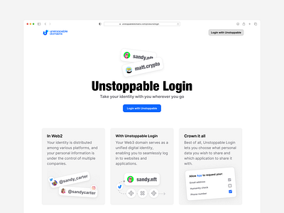 Unstoppable Login design domain landing page login ui design