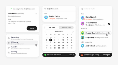 Cards for email sending service calendar email inputs systems alerts ui