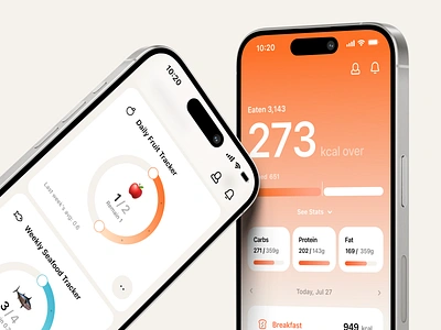 Calorie Counter Mobile App activity breakfast calorie design diet fitness gradient health mobile nutrition progress bar proteins slider statistics stats tracker ui ux water wellness