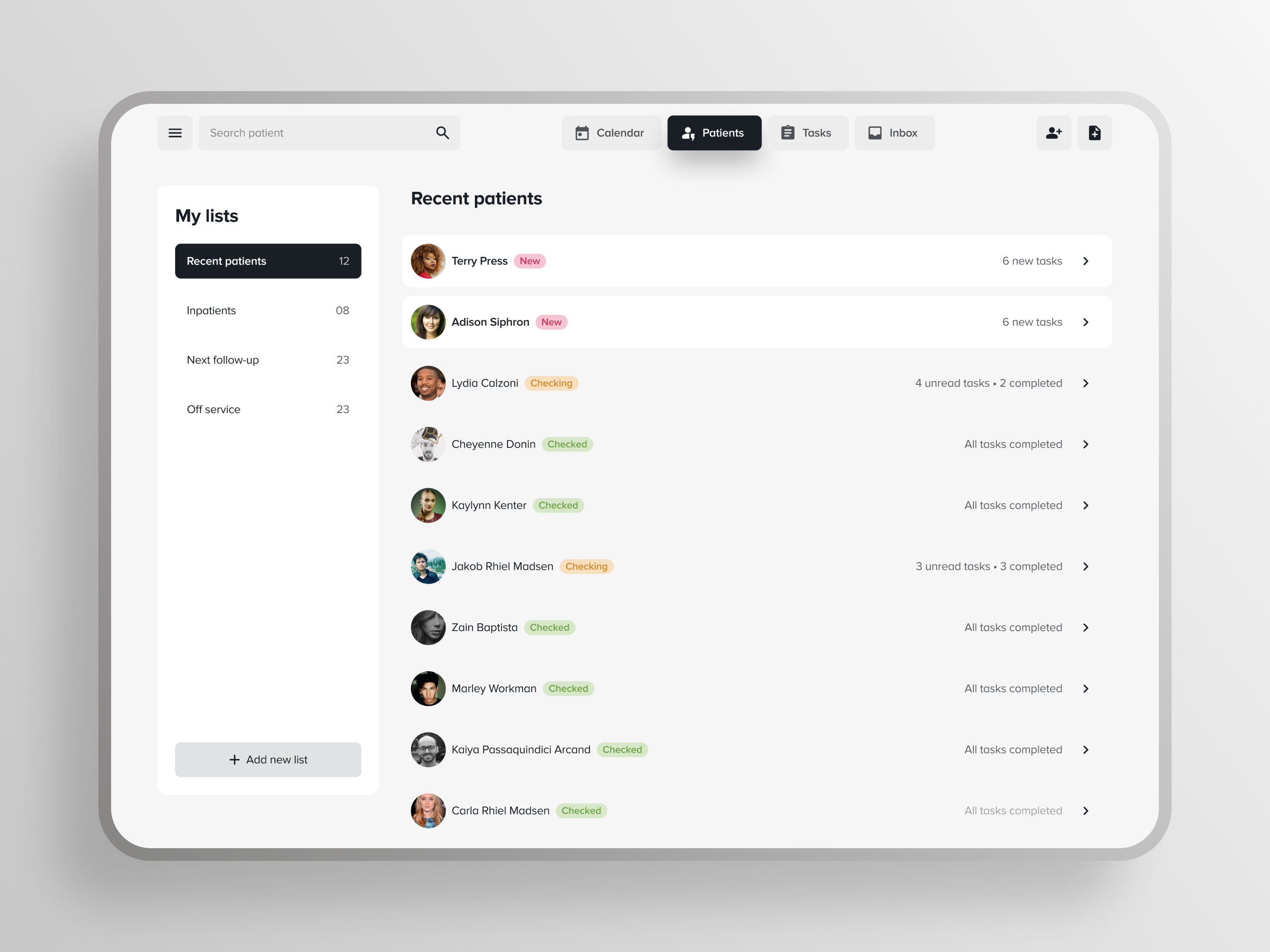 SaaS - Clinic Management - Patient lists accessibility app design clinic dashboard healthcare lists management medical minimal mockup patient product saas soft software ui userexperience userinterface ux web