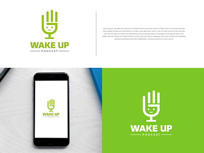 Wake up minimalist podcast logo design. Face hand logo design. alarm apps logo audio branding graphic design minimalist music podcast radio rising sound time ui wake up