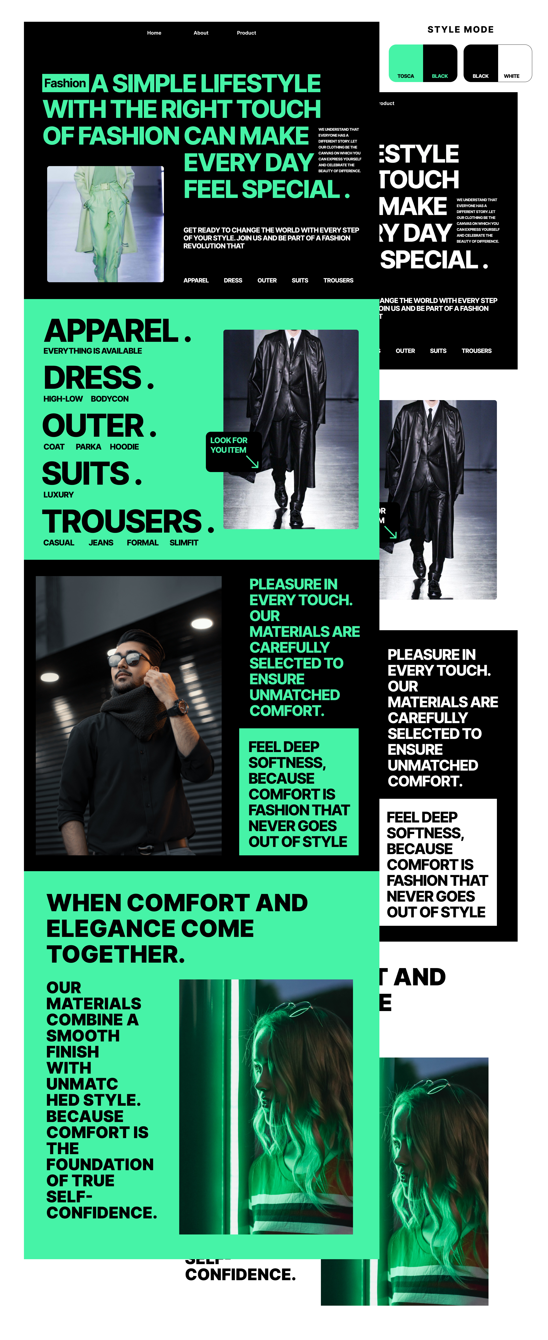 Fasion Style animation black blackwhite branding clothes design fasion fasion style graphic design green landing page landingpage landingpages logo magazine style tosca ui uiux ux