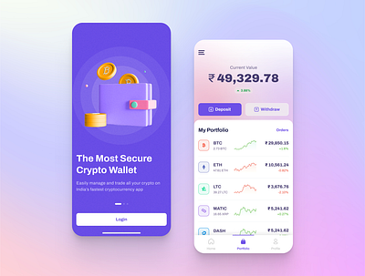 Crypto Wallet - Onboarding and Portfolio App UI 3d app bitcoin blockchain coins crypto cryptocurrency gradient mobile mobile app onboarding portfolio ui user experience user interface ux