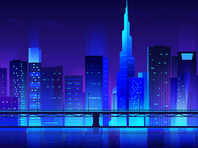 Cityscape vector illustration artwork barj khalifa buildings city cityscape design illustration lights neon over bridge skyline technology vector web